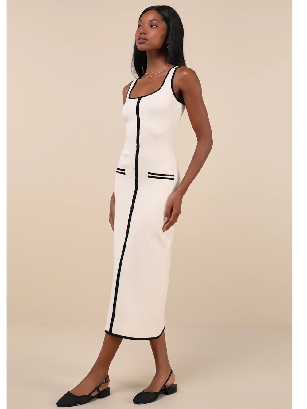 Lulus Sophisticated Composure Cream Soft Knit Faux Button-Front Midi Dress Small - Picture 4 of 12